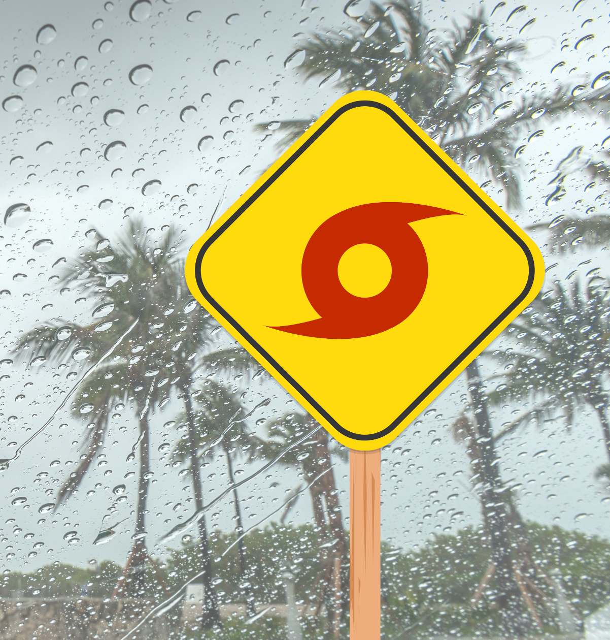 stormy image with palm trees and hurricane sign